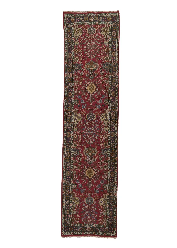 Persian Rug Tabriz Handmade Runner Traditional 3'1"x12'8" (3x13) Red Green Vase Floral Design #31045