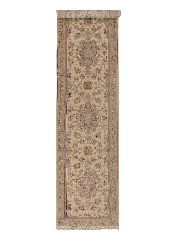 Persian Rug Tabriz Handmade Runner Traditional 3'1"x14'0" (3x14) Whites/Beige Blue Pink Floral Design #34635