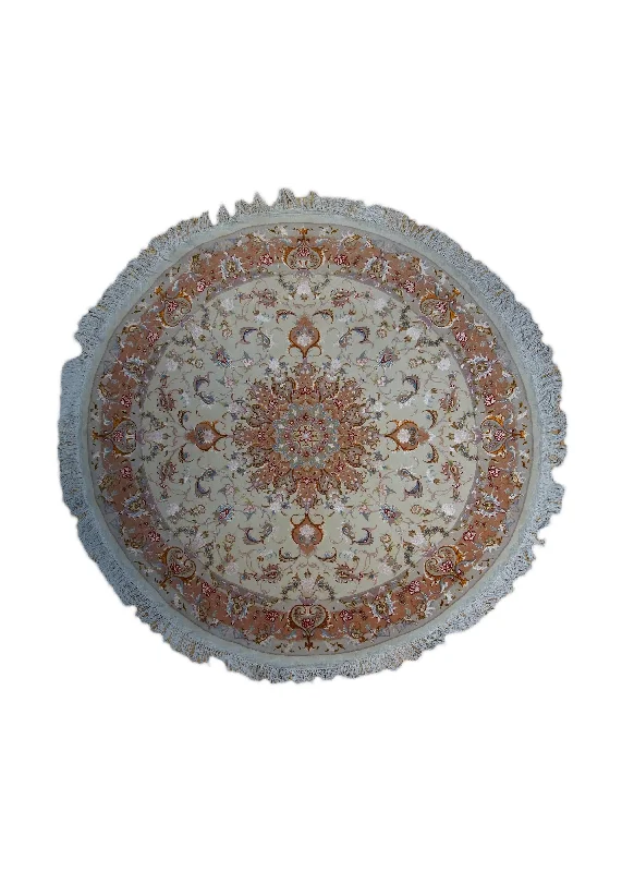 Persian Rug Tabriz Handmade Round Traditional 5'2"x5'2" (5x5) Whites/Beige Pink Naghsh Floral Design #A33103