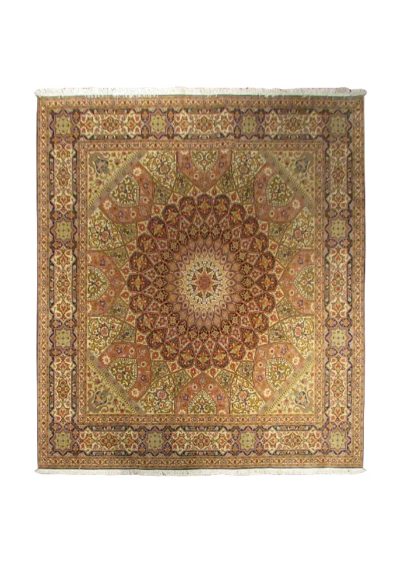 Persian Rug Tabriz Handmade Square Traditional 6'7"x6'9" (7x7) Multi-color Blue Whites/Beige Gonbad Dome Design #A29745