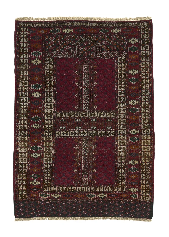 Persian Rug Turkmen Handmade Area Antique Tribal 3'5"x4'9" (3x5) Red Prayer Rug Design #34311