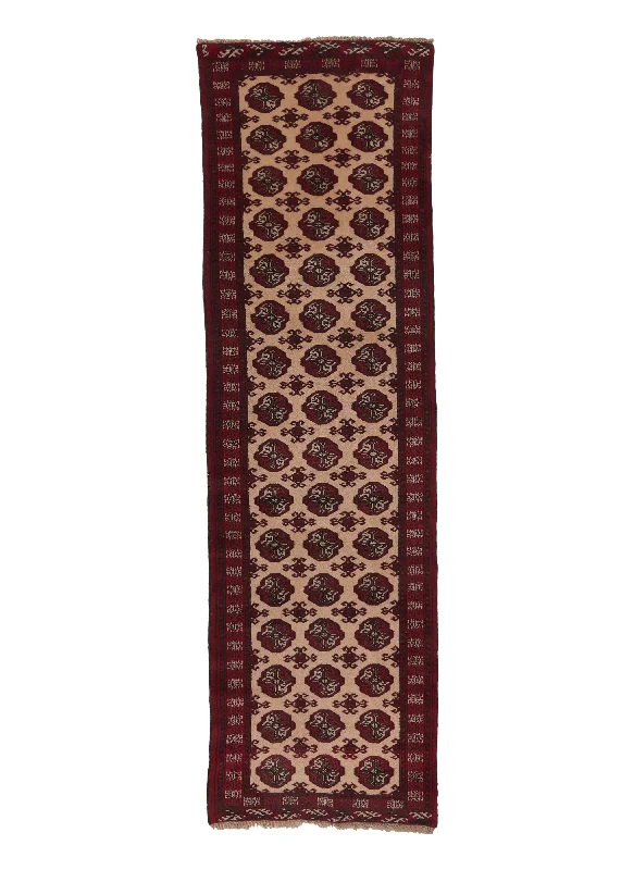 Persian Rug Turkmen Handmade Runner Tribal 2'11"x9'7" (3x10) Red Whites/Beige Bokhara Elephant Foot Design #34240