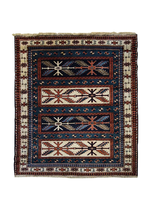 Persian Rug Yalameh Handmade Square Tribal 4'6"x5'0" (5x5) Blue Whites/Beige Orange Geometric Design #A33932