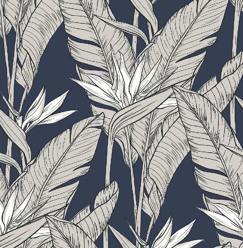 Birds of Paradise Peel & Stick Wallpaper in Navy/Pewter