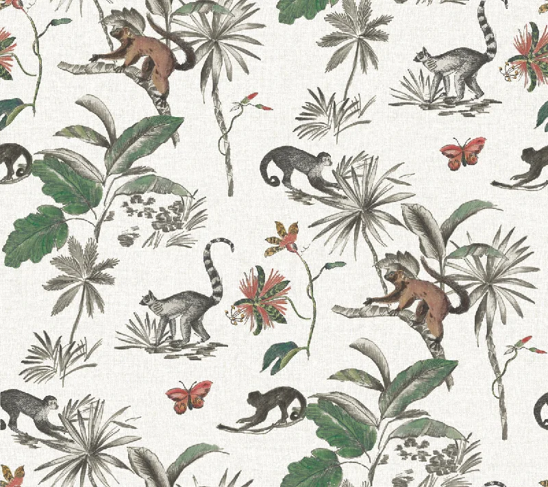 Botanicals and Lemurs White/Green Peel & Stick Wallpaper