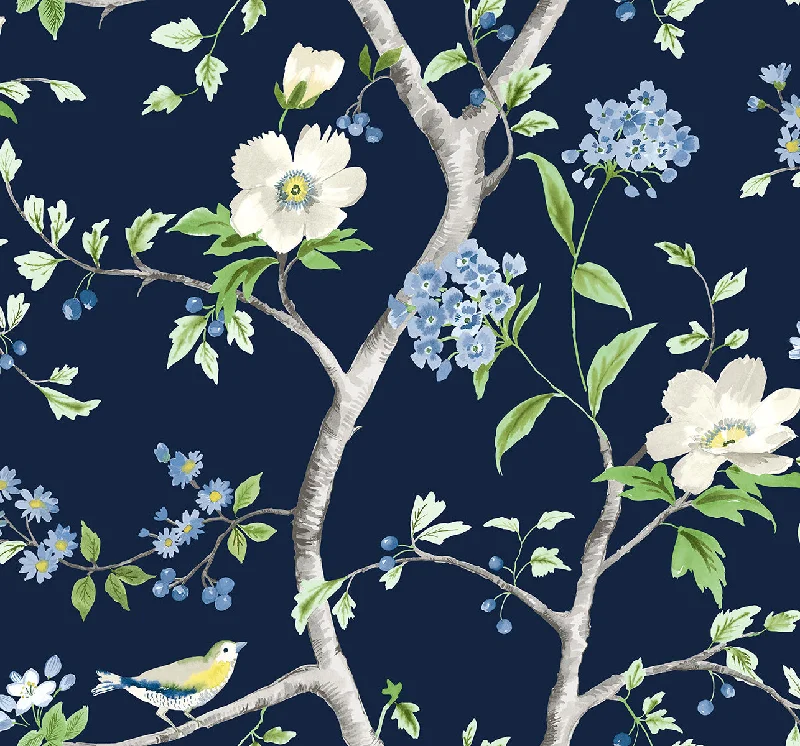 Floral Trail Peel & Stick Wallpaper in Navy Blue/Spring Green