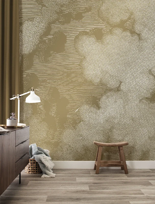 Gold Metallic Wall Mural in Engraved Clouds by Kek Amsterdam