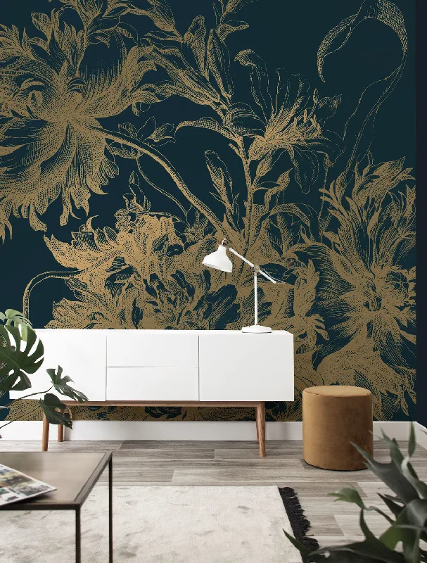 Gold Metallic Wall Mural in Engraved Flowers Blue by Kek Amsterdam