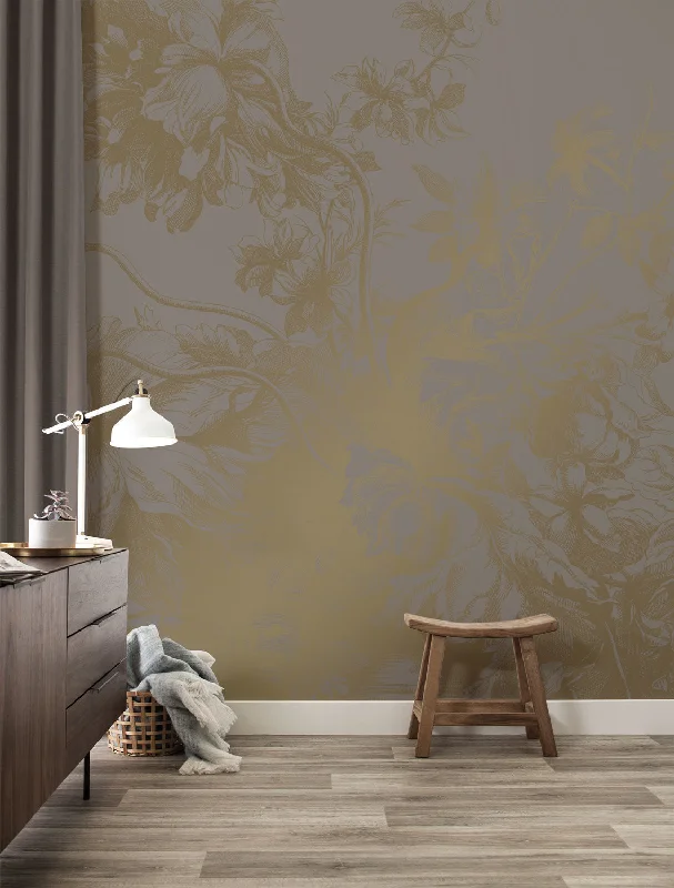 Gold Metallic Wall Mural in Engraved Flowers Grey by Kek Amsterdam