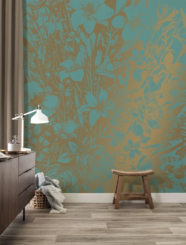 Gold Metallic Wall Mural in Engraved Flowers Mint by Kek Amsterdam