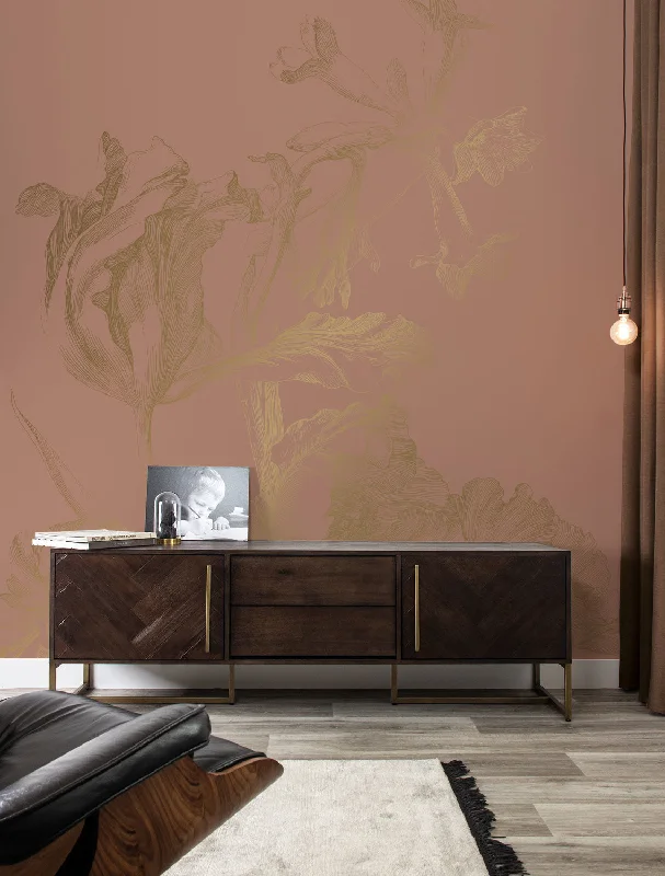 Gold Metallic Wall Mural in Engraved Flowers Nude by Kek Amsterdam