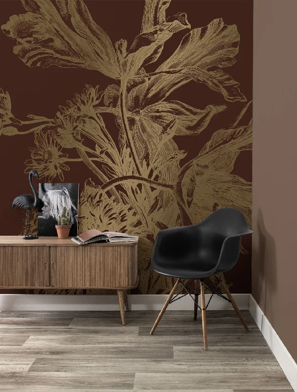 Gold Metallic Wall Mural in Engraved Flowers Rust by Kek Amsterdam