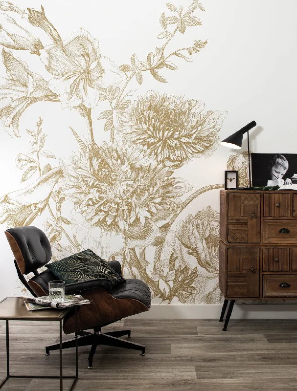 Gold Metallic Wall Mural in Engraved Flowers White by Kek Amsterdam