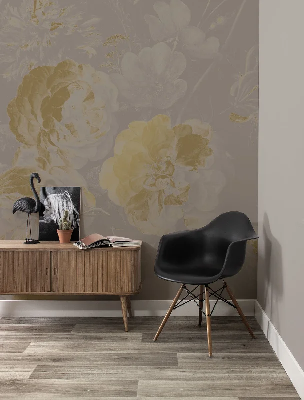 Gold Metallic Wall Mural in Golden Age Flowers Grey by Kek Amsterdam