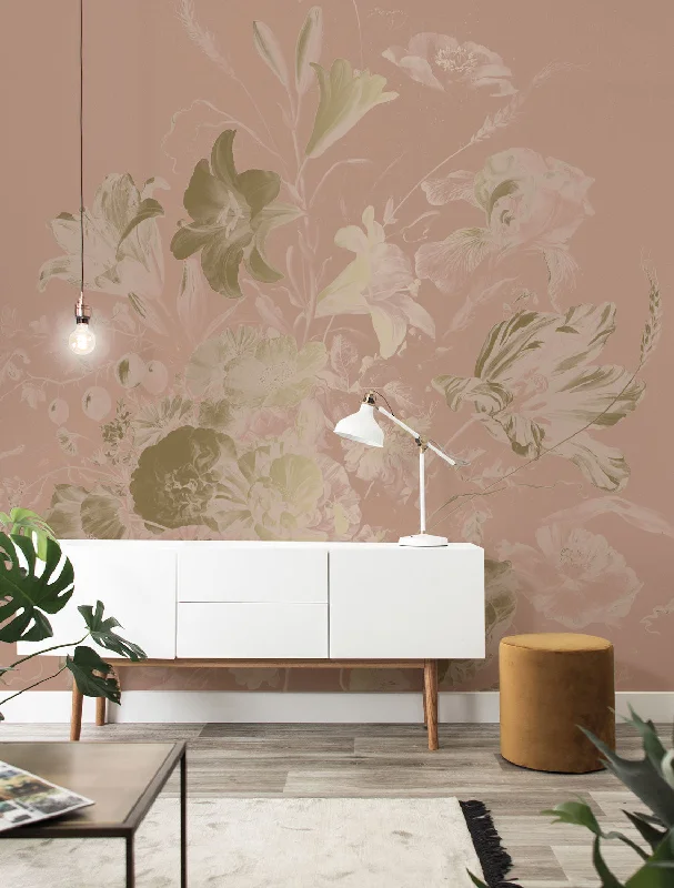 Gold Metallic Wall Mural in Golden Age Flowers Nude by Kek Amsterdam