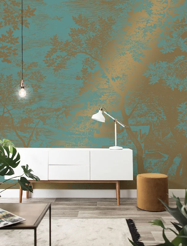 Gold Metallic Wall Mural in Engraved Landscapes Mint by Kek Amsterdam