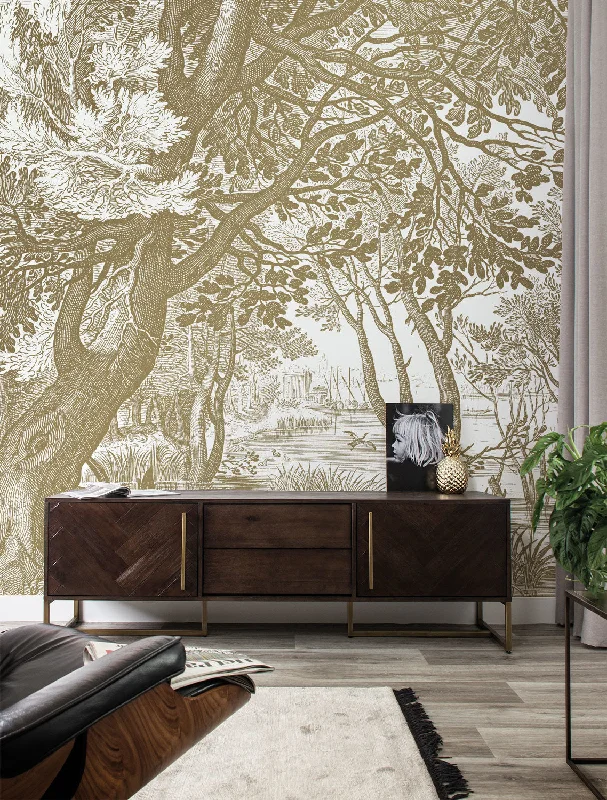 Gold Metallic Wall Mural in Engraved Landscapes White by Kek Amsterdam