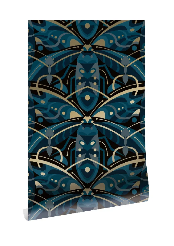 Gold Metallic Wallpaper Art Deco Animaux in Beetle Blue by Kek Amsterdam