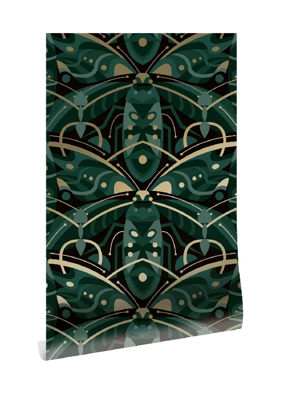 Gold Metallic Wallpaper Art Deco Animaux in Beetle Green by Kek Amsterdam