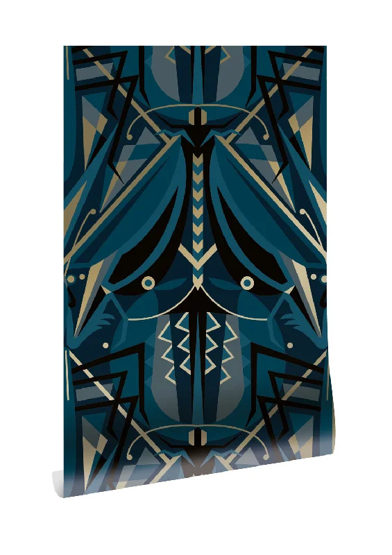 Gold Metallic Wallpaper Art Deco Animaux in Grasshopper Blue by Kek Amsterdam