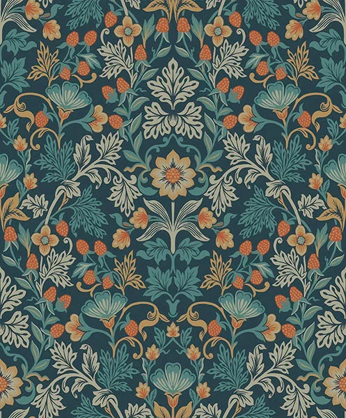 Lila Blue Strawberry Floral Wallpaper from the Posy Collection