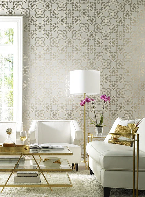 Serendipity Geo Overlay Wallpaper in Grey and Pale Metallic Gold