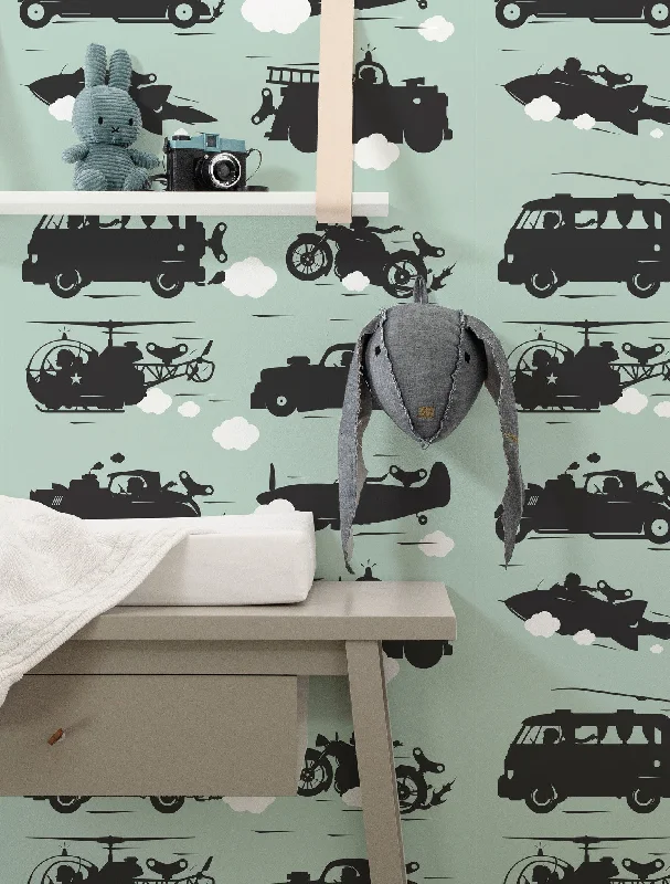 Vehicles Kids Wallpaper in Green by KEK Amsterdam