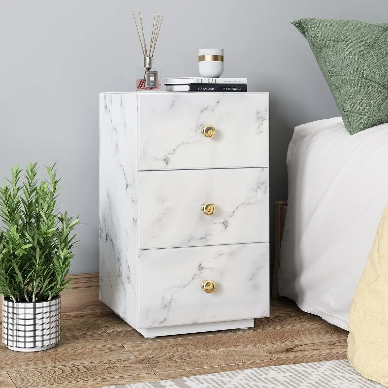 13.8" Tempered Glass Marble Texture 3-Drawers Night Stand with Golden Bright Handle for Bedroom