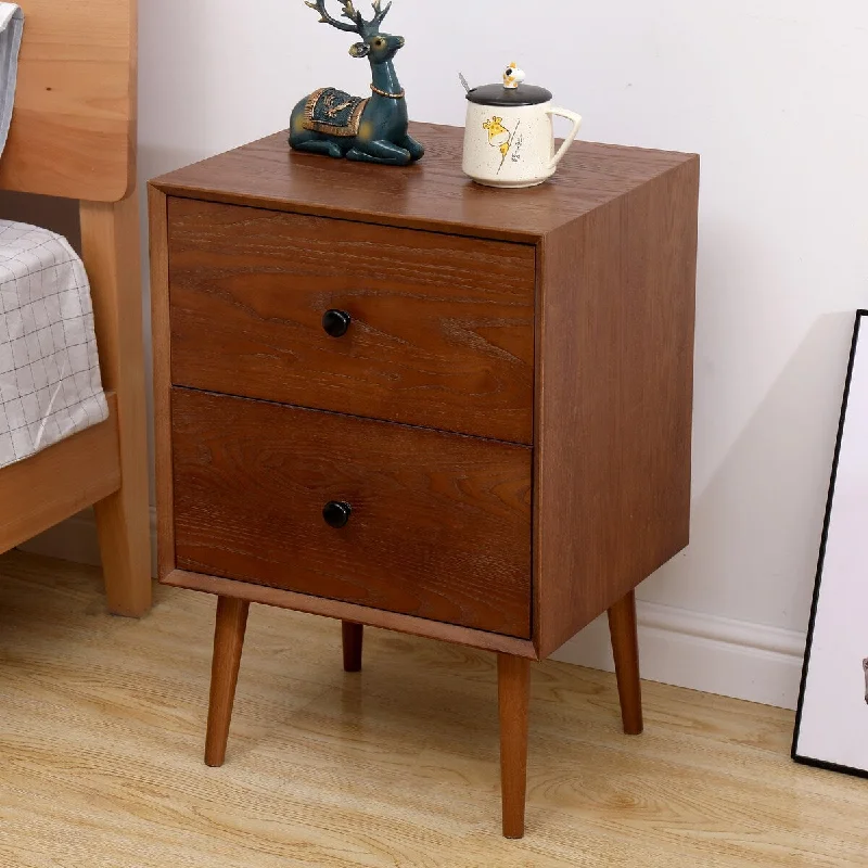 15" Mid Century Modern Solid Wood 2-Drawers Nightstand with 2 Drawers for Bedroom