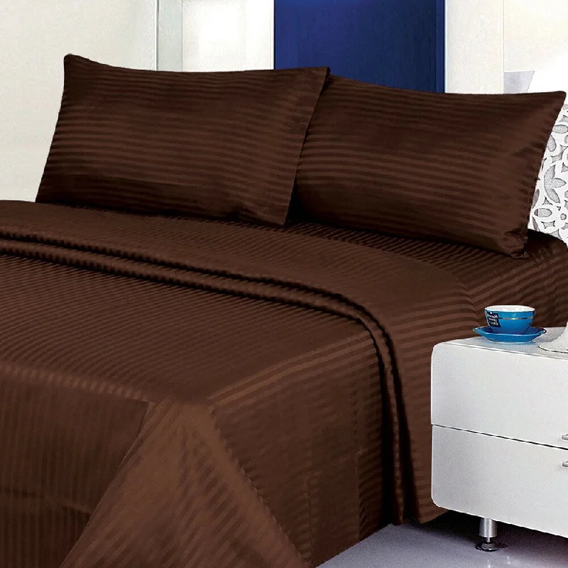 1800 Count Deluxe 4-Piece Stripe Deep Pocket King Bed Sheet Brown