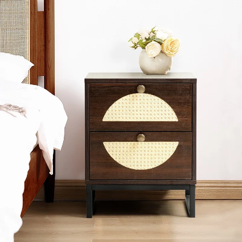 20''H Leucosia Dual Rattan Woven Semicircles 2-Drawer Nightstand with Metal Base, Dual Half Moon Side End Table for Bedroom