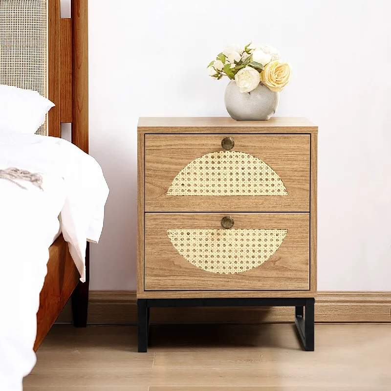 20''H Leucosia Dual Rattan Woven Semicircles 2-Drawer Nightstand with Metal Base, Dual Half Moon Side End Table for Bedroom