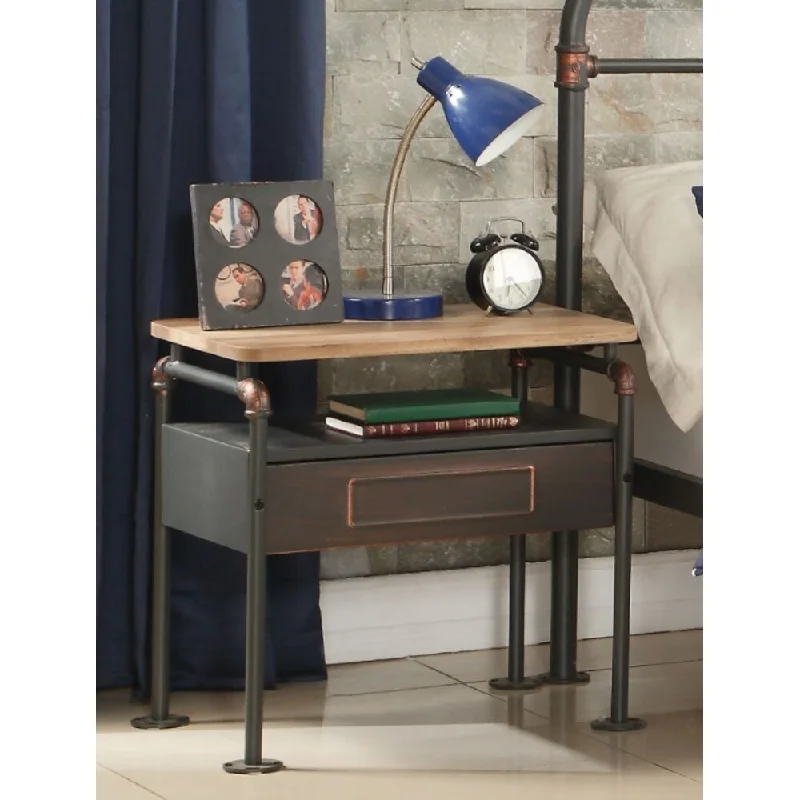 23" Industrial Metal Finish 1-Drawer Nightstand with Open Shelf and Pipe Cast with Copper Handbrush Accent for Bedroom