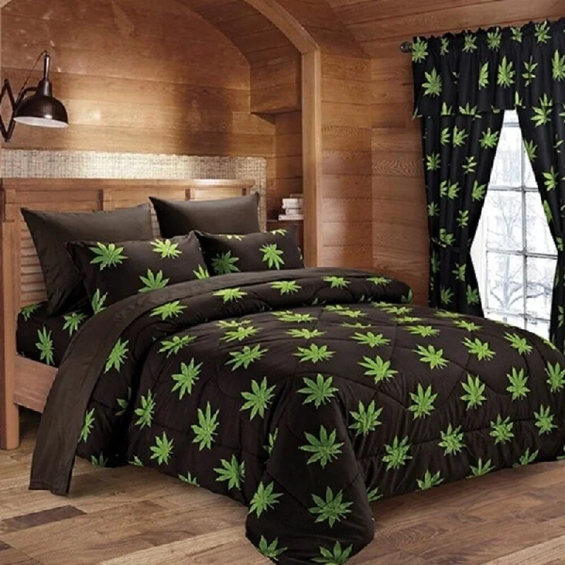 6 Piece 420 Herb Bud Pot Weed Leaf Microfiber King Bed Sheets Black