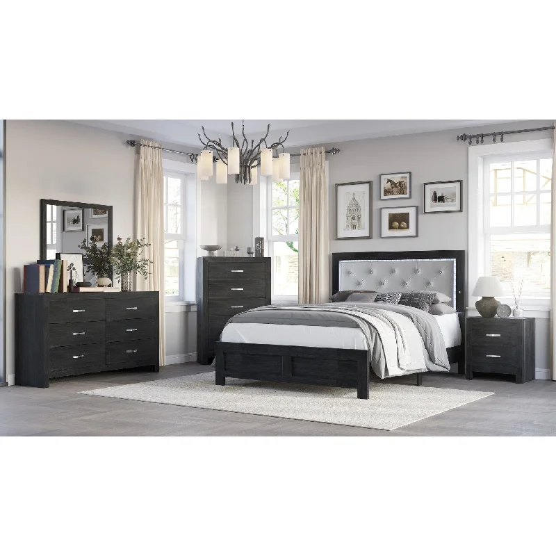 Bernard 3 Piece Black Faux Leather Upholstered Tufted LED Panel Bedroom Set