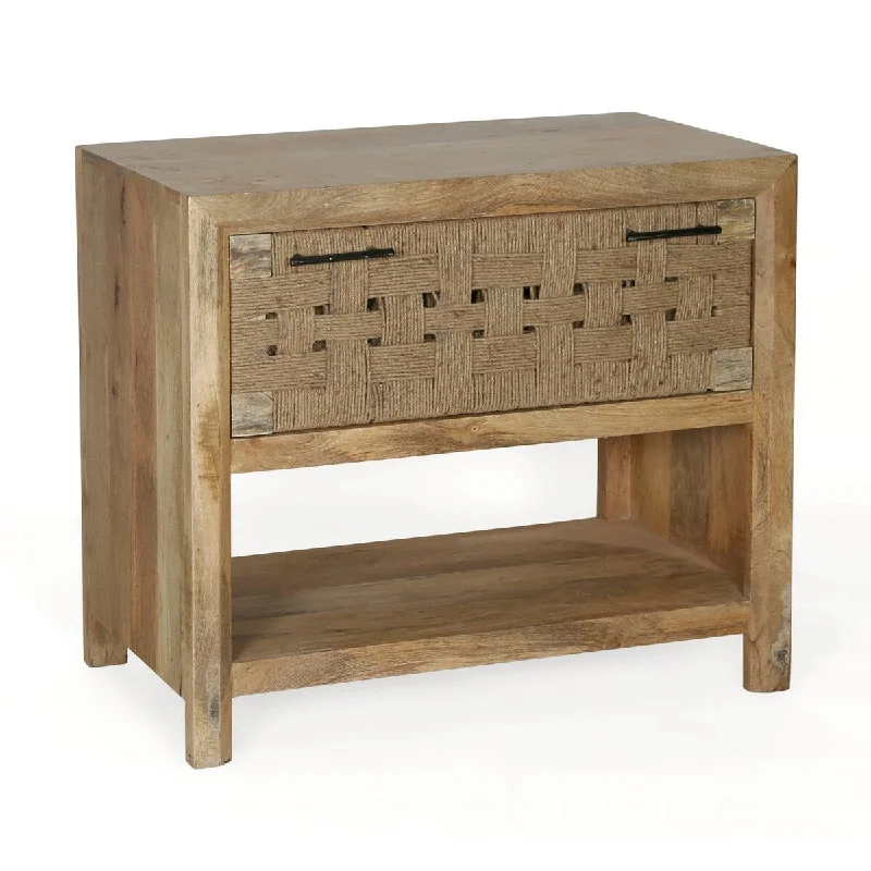 Bet 30 Inch Bedside Nightstand Cabinet, Brown Woven Jute and Mango Wood