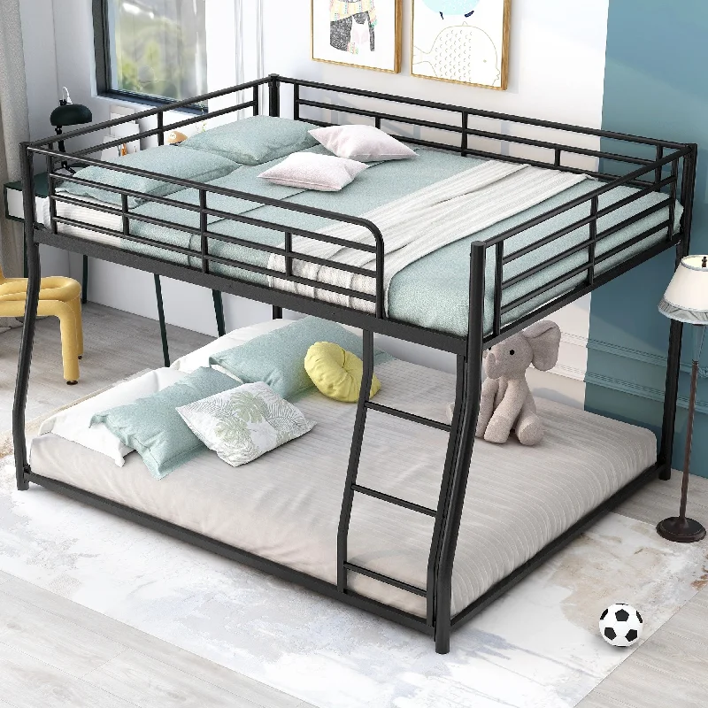 Black Full XL Over Queen Metal Bunk Bed Floor Bunk Bed w/ Ladders