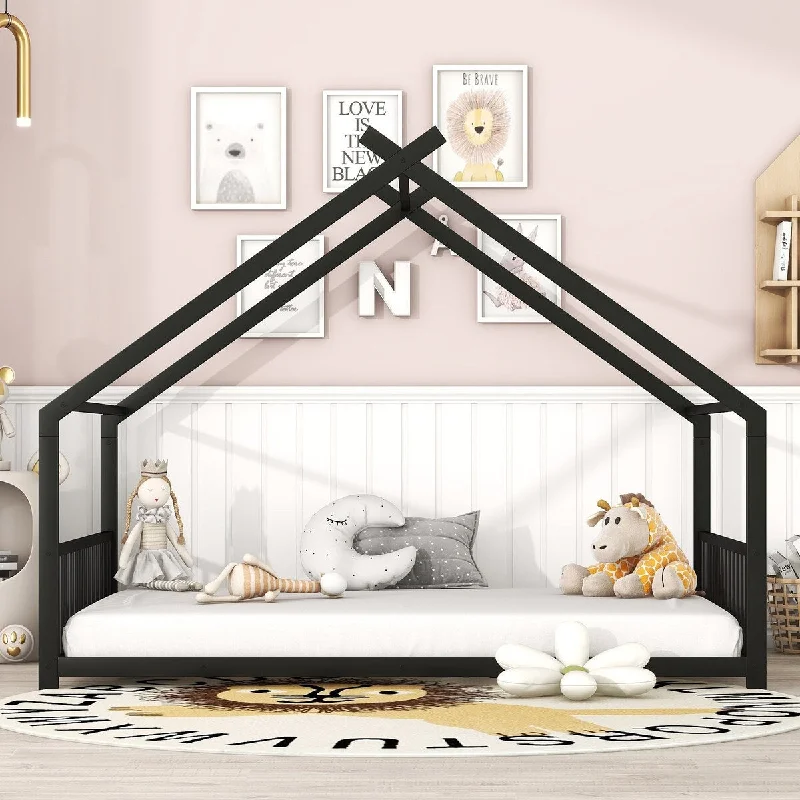 Black Metal House Bed for Children Boys Girls Toddler Floor Bed House-shaped Frame Bed Full Size Grounded Bed