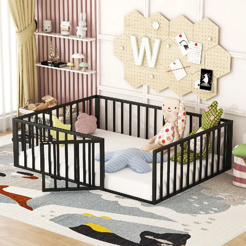 Black Metal Montessori Bed Frame with Door and Fence for Children Boys Girls Kids Full Size Metal Fence Toddler Floor Bed