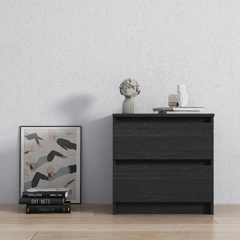 Contemporary Furniture Bedroom Handle-free 2 Drawers Wood Nightstand in Black Woodgrain