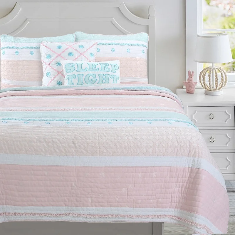 Cozy Line Home Fashions Pastel Stripped Star Ruffle Embroidered Floral Light Pink Peach Blue White Cotton Quilt Bedding Set