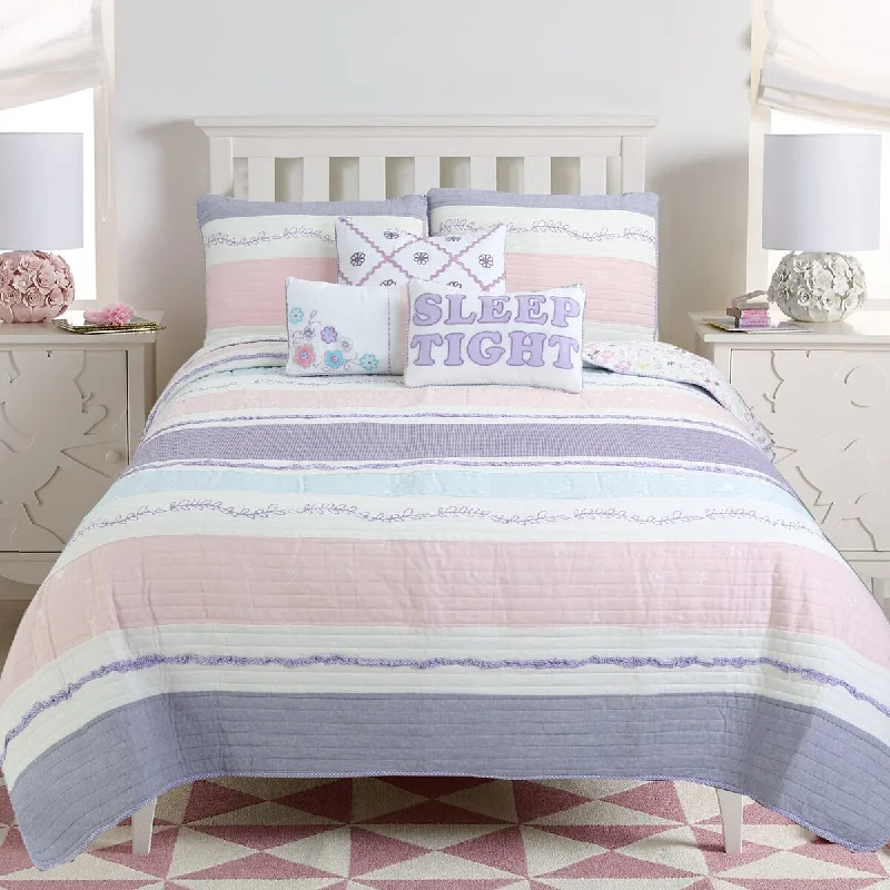 Cozy Line Home Fashions Stripped Floral Vine Star Butterfly Ruffle Embroidered Pink Purple Cotton Quilt Bedding Set