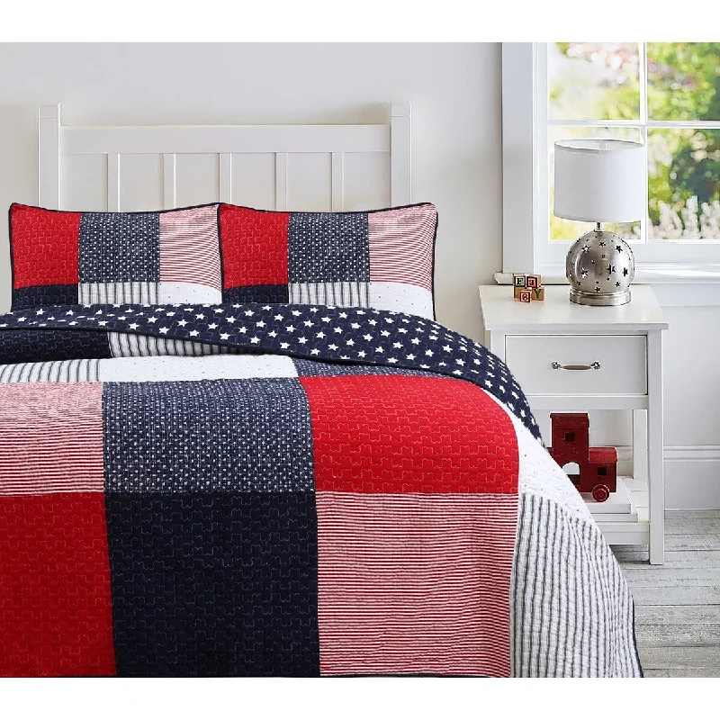 Cozy Line Patriotic Patchwork Plaid Red White Blue Reversible Cotton Quilt Bedding Set