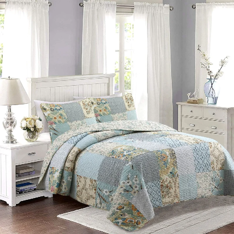 Cozy Line Sky Blue Floral Patens Ogee Patchwork Cotton Quilt Bedding Set