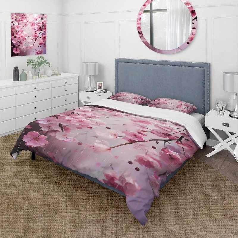 Designart "Pink Cherry Orchard tree in Bloom 1" Cherry Bedding Cover Set - Traditional Bed Set with Shams