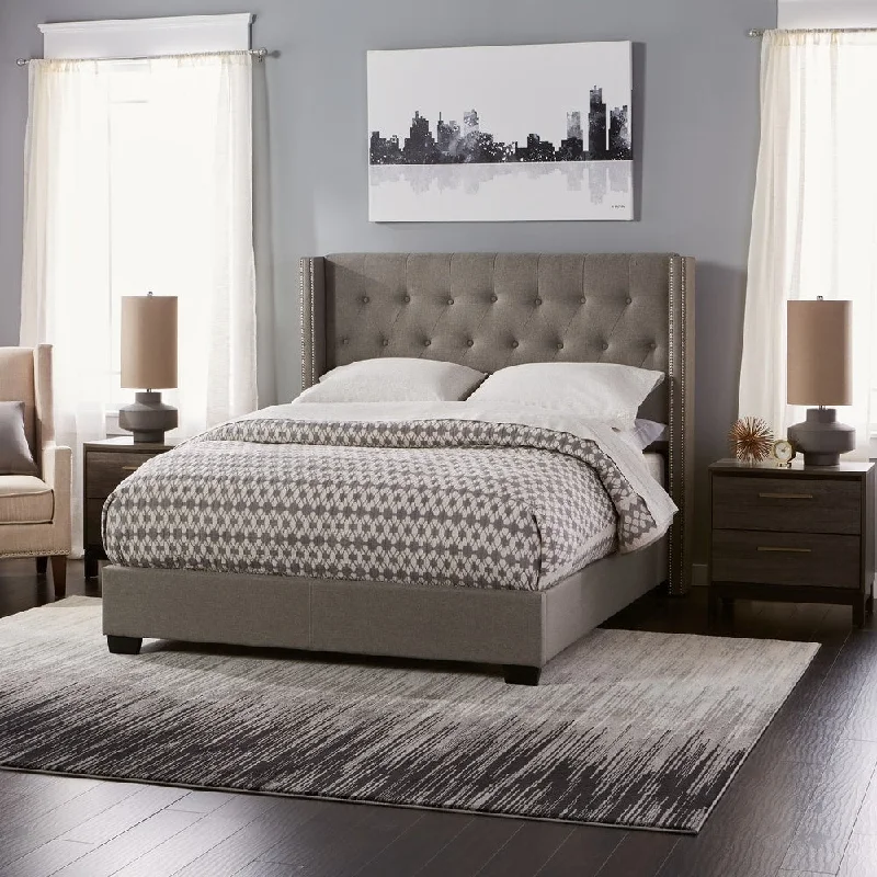 Diamond-tufted Grey Wingback Bed