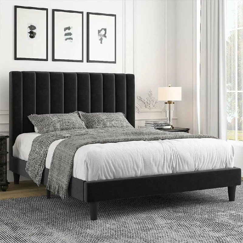 Full Bed Frame/Velvet Upholstered Bed Frame W/ Tufted Headboard, Black