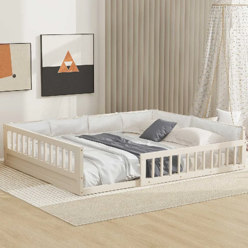 Full Floor Bed Frame w/ Upholstered Guardrails, Wood Slats Support