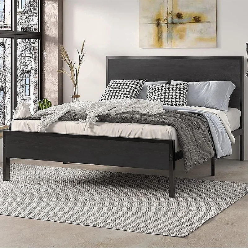 Full Heavy Duty Metal Platform Bed Frame with Headboard, Black Oak