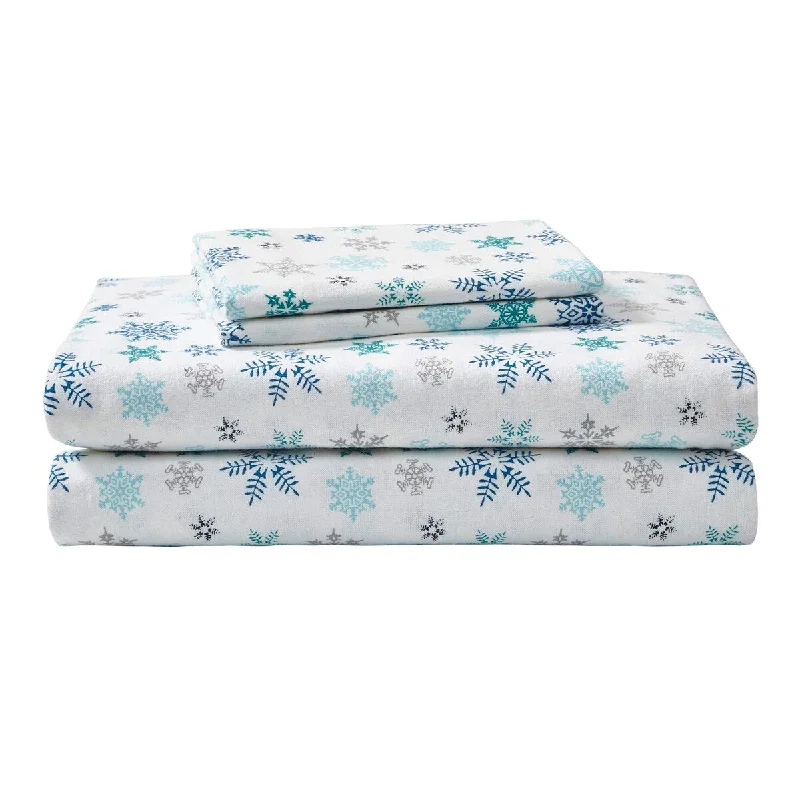 Full Sheets, Cotton Flannel Bedding Set, 4 Pieces, Brushed for Extra Softness, Cozy Home Decor (Tossed Snowflake, Full)